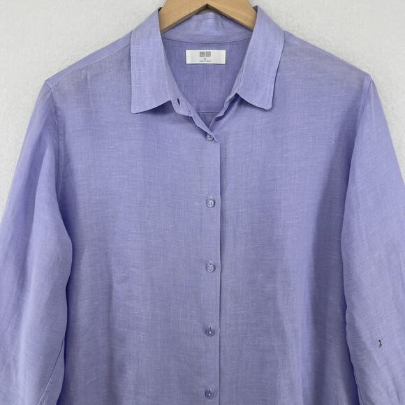UNIQLO Top Womens XL 100% Linen Long Sleeve Button Front Shirt Blouse Purple - Picture 3 of 15